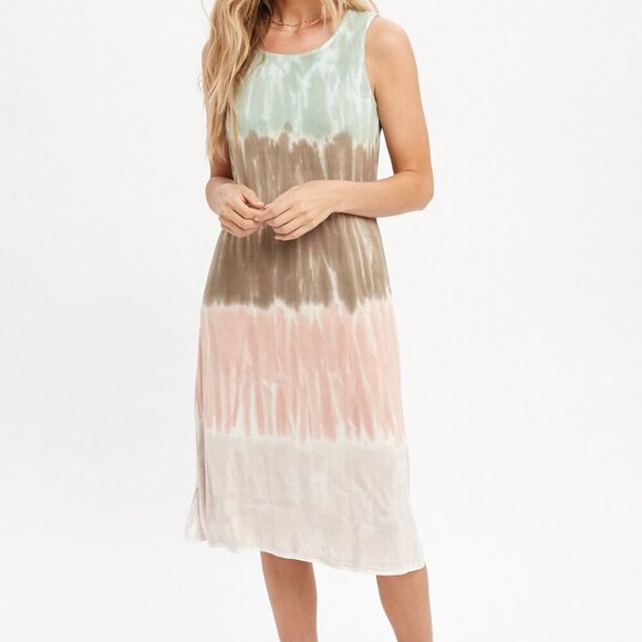 MYSTREE Sleeveless Tie Dye Maxi Dress – Boho Summer Tank Dress in Green Brown Pi - Picture 2 of 8